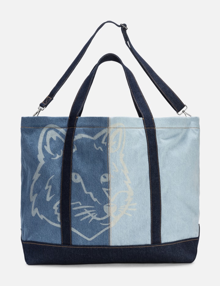 Shop Maison Kitsuné Fox Head Denim Weekender Tote In Blue