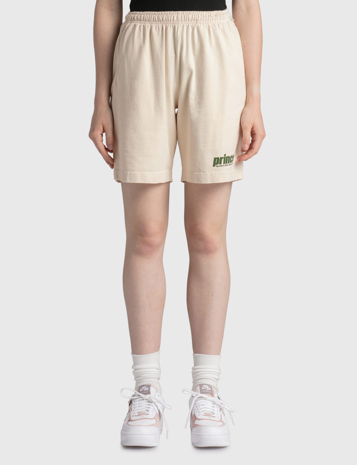 Sporty & Rich Prince High Waist Gym Shorts in Beige/Green Womens Shorts Sporty & Rich Shorts White 