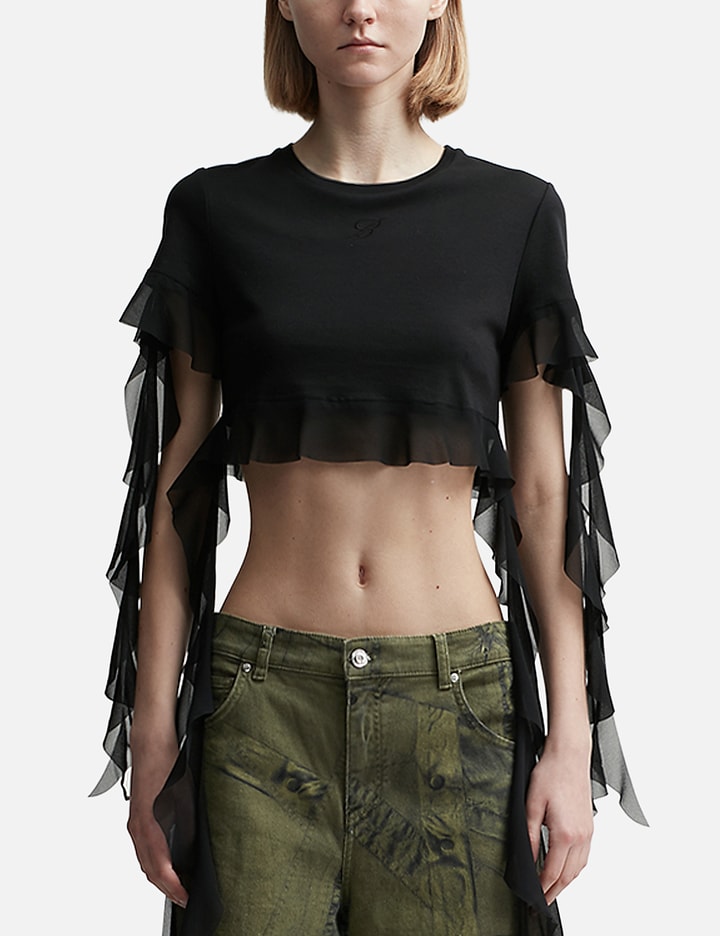 Blumarine Cropped T-shirt With Ruffles And Flounces In Black