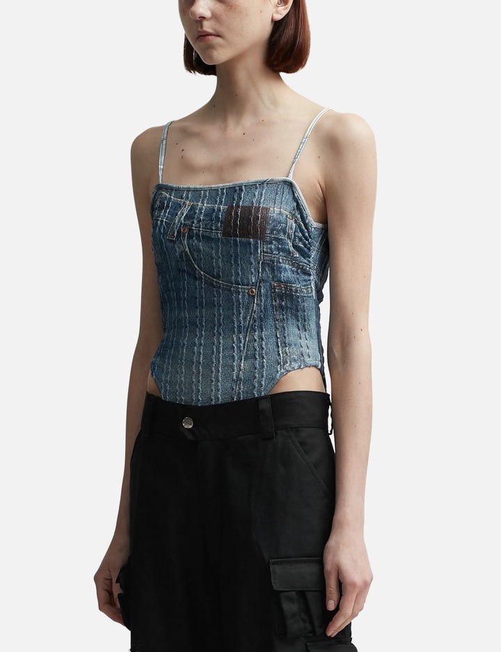 Shop Andersson Bell Denim Printed Knit Bodysuit In Blue
