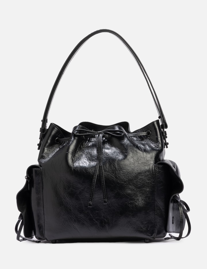 Acne Studios Multipocket Mini Crinkled Leather Bucket Bag In Animal Print