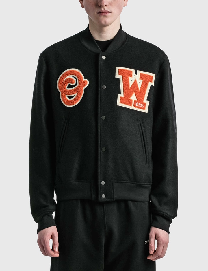 OFF-WHITE Leather Logo Patch Varsity Jacket Dark Green/Orange Men's - FW20  - US