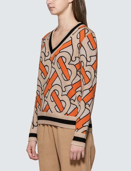 Burberry Monogram Intarsia Wool V-neck Sweater In Orange