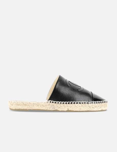 chanel Chanel Goatskin Patent Calfskin CC Espadrille Mules in Black