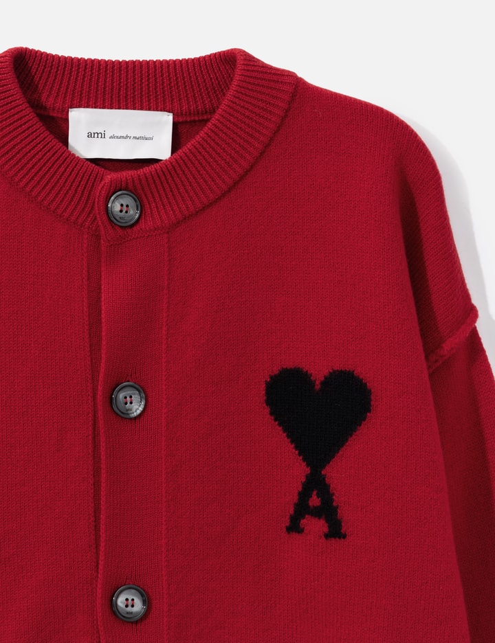 Ami Red Crewneck Wool Cardigan With Ami De Coeur