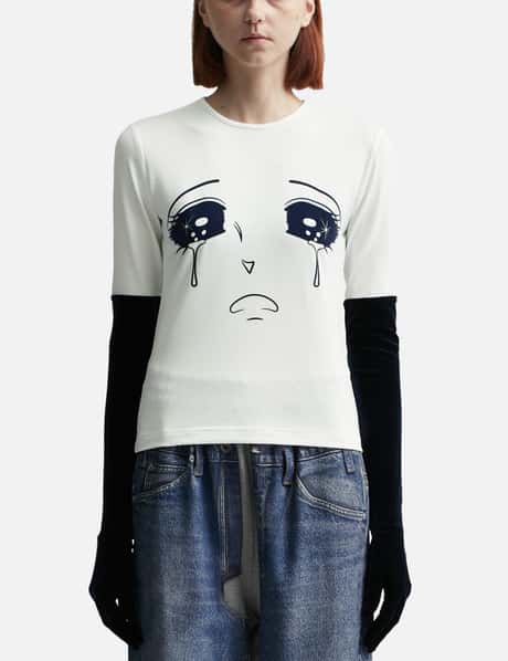 PUSHBUTTON WHITE VELVET GLOBE CRYING GIRL TOP