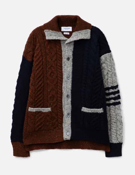 Thom Browne Funmix Donegal Mixed Cable Stitch 4-Bar Mock Neck Cardigan