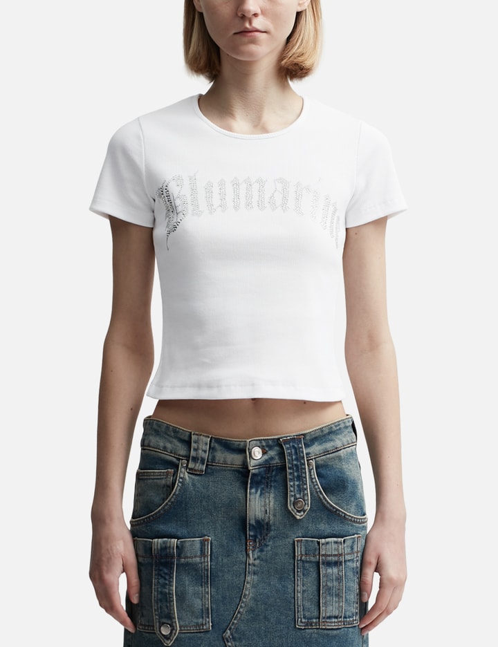 Shop Blumarine Ribbed T-shirt With  Logo In Rhinestones In White