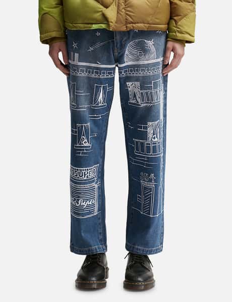 KidSuper Fire Escape Embroidered Jeans HBX