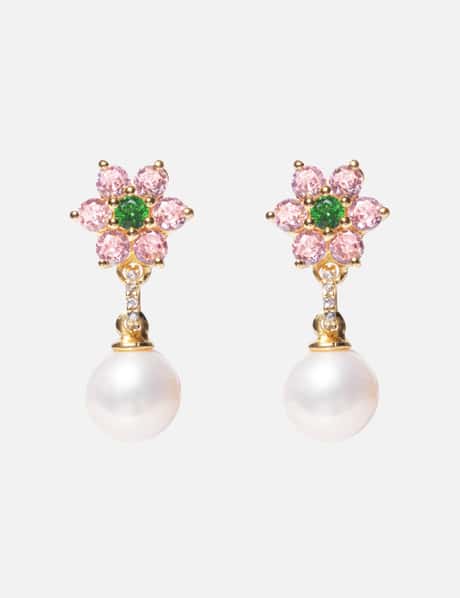 VEERT Pink &amp; Green Flower Freshwater Pearl Earrings