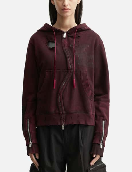GOLDIE Distressed GC Curved Red Zipper Hoodie