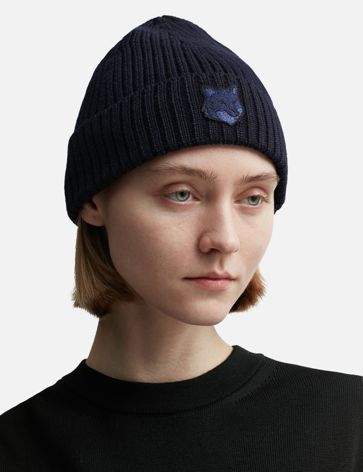 Maison Kitsuné Bold Fox Head Patch Ribbed Beanie In Blue