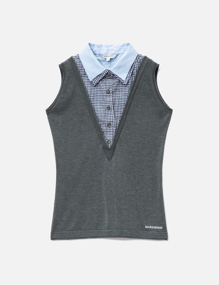 Grey Sleeveless Knit Top With Multi-Layer Collar
