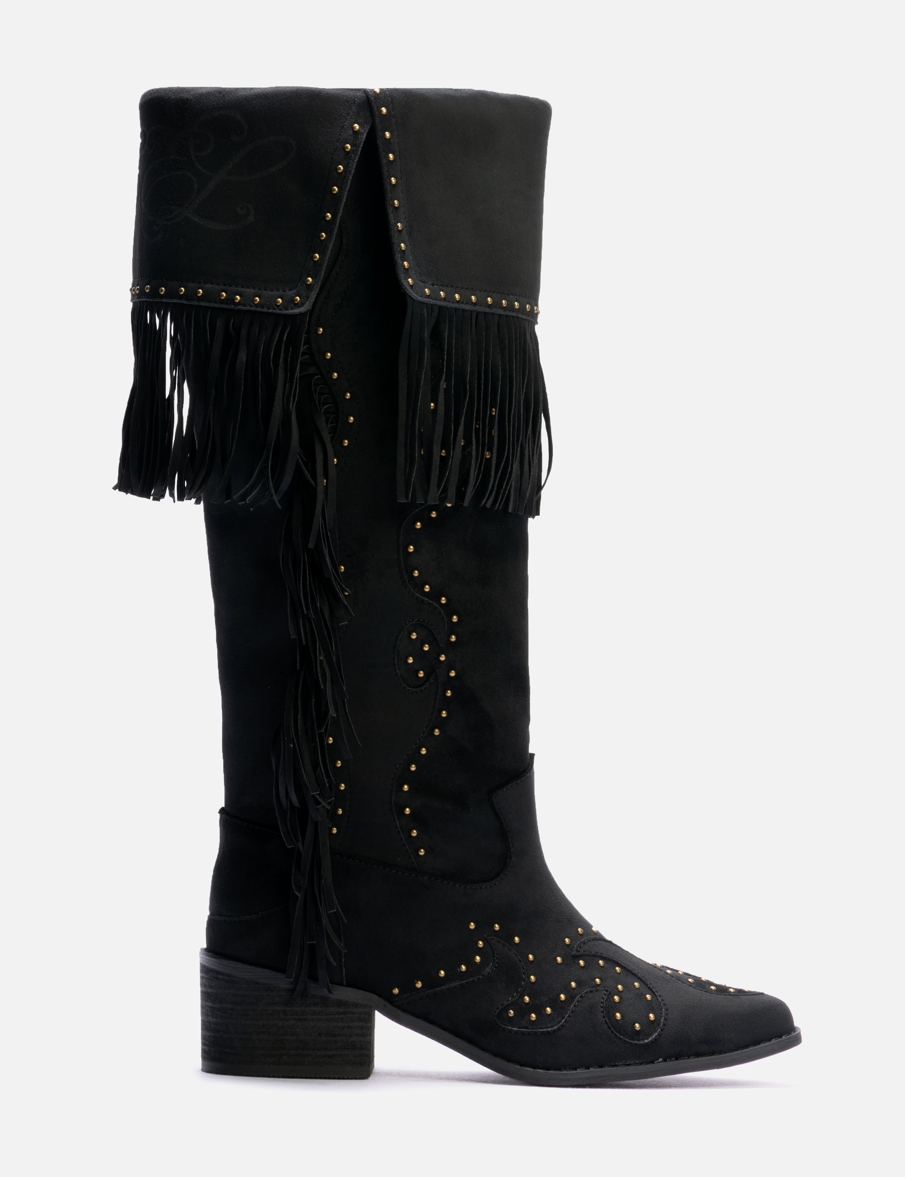 Studded Suede Fringe Boots Black view 13