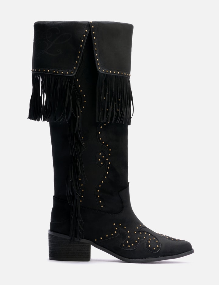 Studded Suede Fringe Boots Black Placeholder Image