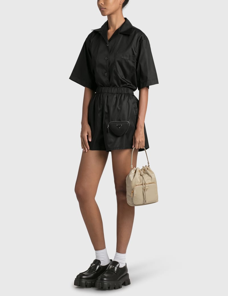 prada nylon bucket bag outfit