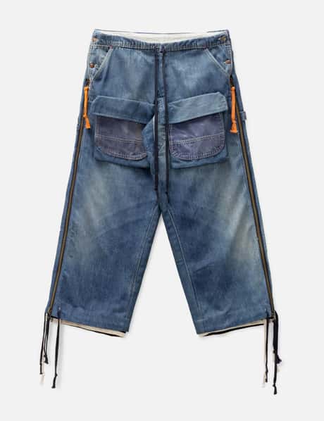 GREG LAUREN Denim Stripe Wide Leg Zip Jeans