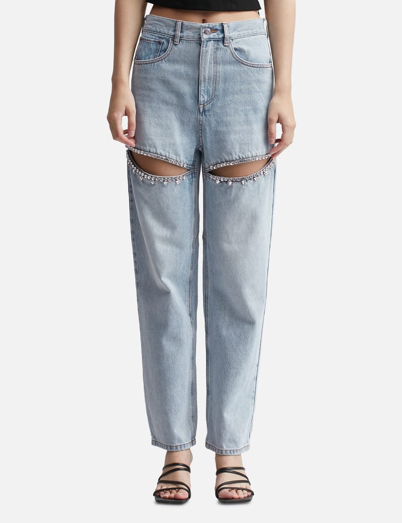 Cotton Denim Wide Jeans W/crystals