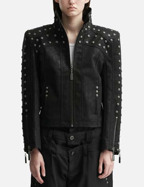 Chan Studded PU Leather Jacket With Shoulder Pads view 5