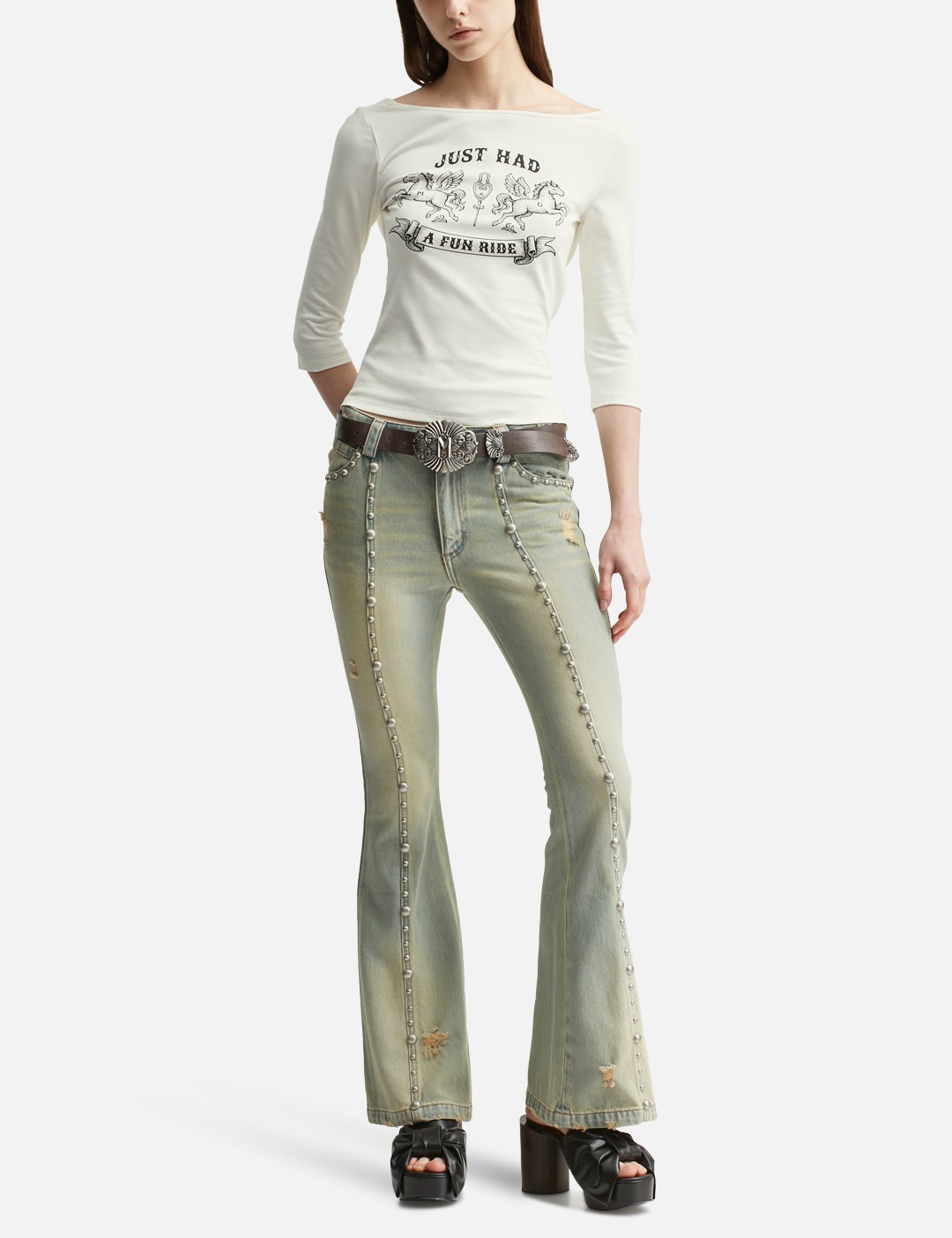 Blue Studded Flared Jeans view 15