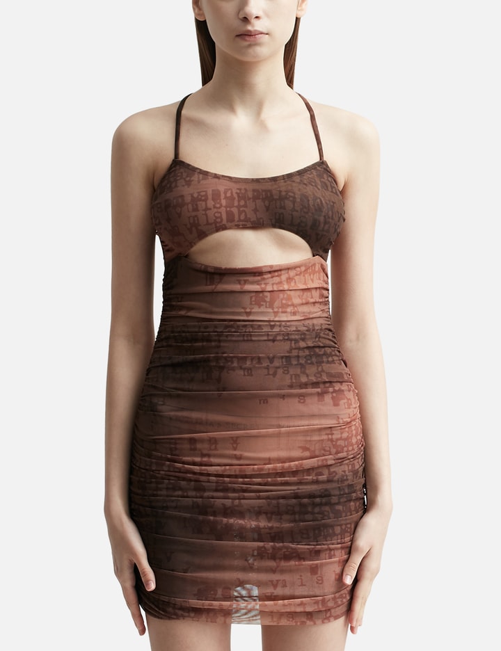 Misbhv Letter-print Ruched Mini Dress In Brown