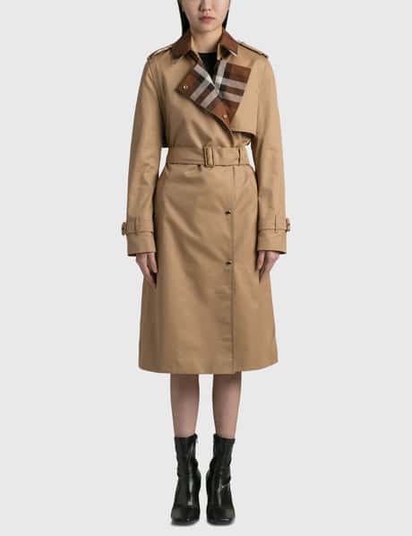 Burberry Check Panel Cotton Gabardine Trench Coat HBX