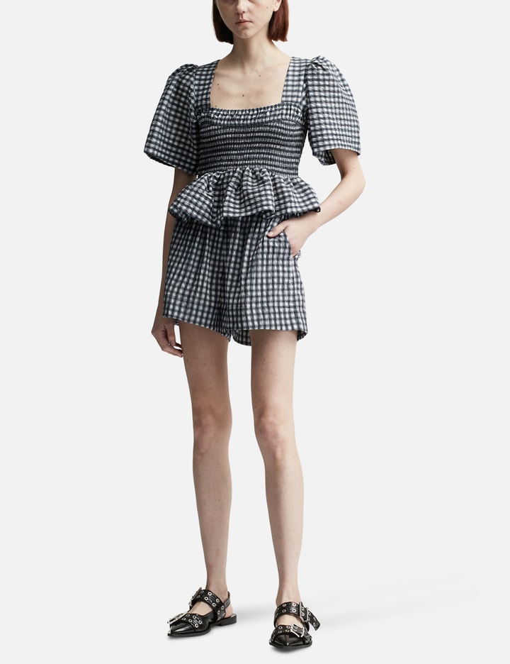 Seersucker Check Open-neck Smock Blouse Placeholder Image