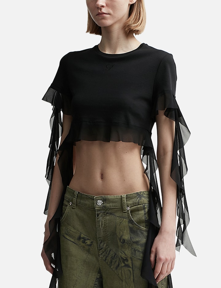 Shop Blumarine Cropped T-shirt With Ruffles And Flounces In Black