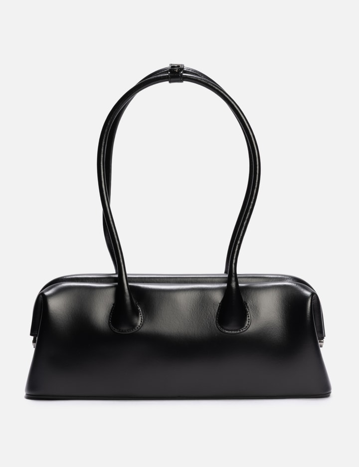 Osoi Boat Wide Mini Black Shoulder Bag With Round Handles And Logo Lettering On The Front In Leather Woma In Black