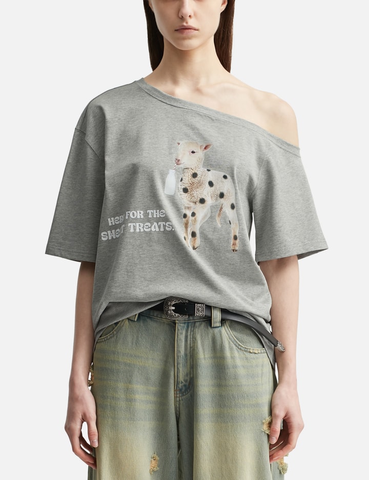 Off-Shoulder Short Sleeve T-Shirt With Sweet Treat Sheep Print Placeholder Image