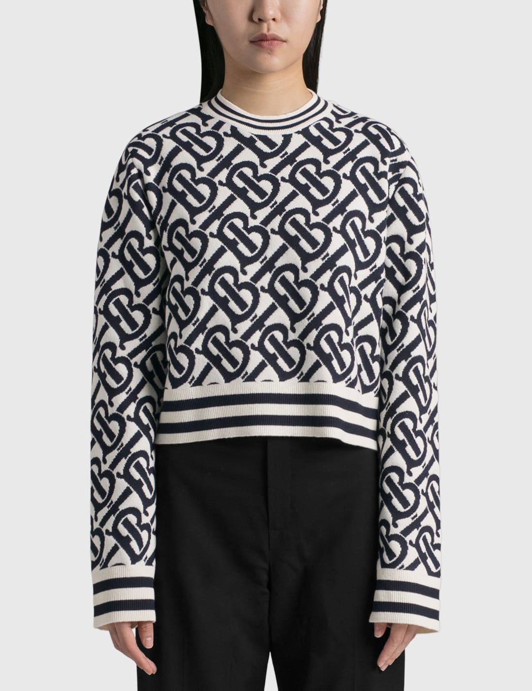 버버리 Burberry Monogram Wool Blend Jacquard Cropped Sweater