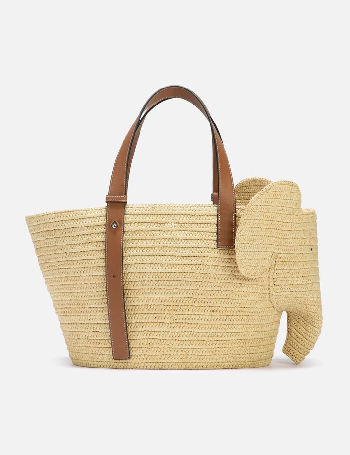Elephant basket bag in raffia and calfskin Natural/Tan - LOEWE