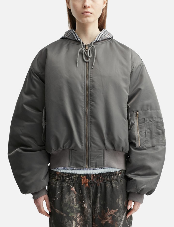Praying Womens Plaid-hood Shell Bomber Jacket Grey Xs