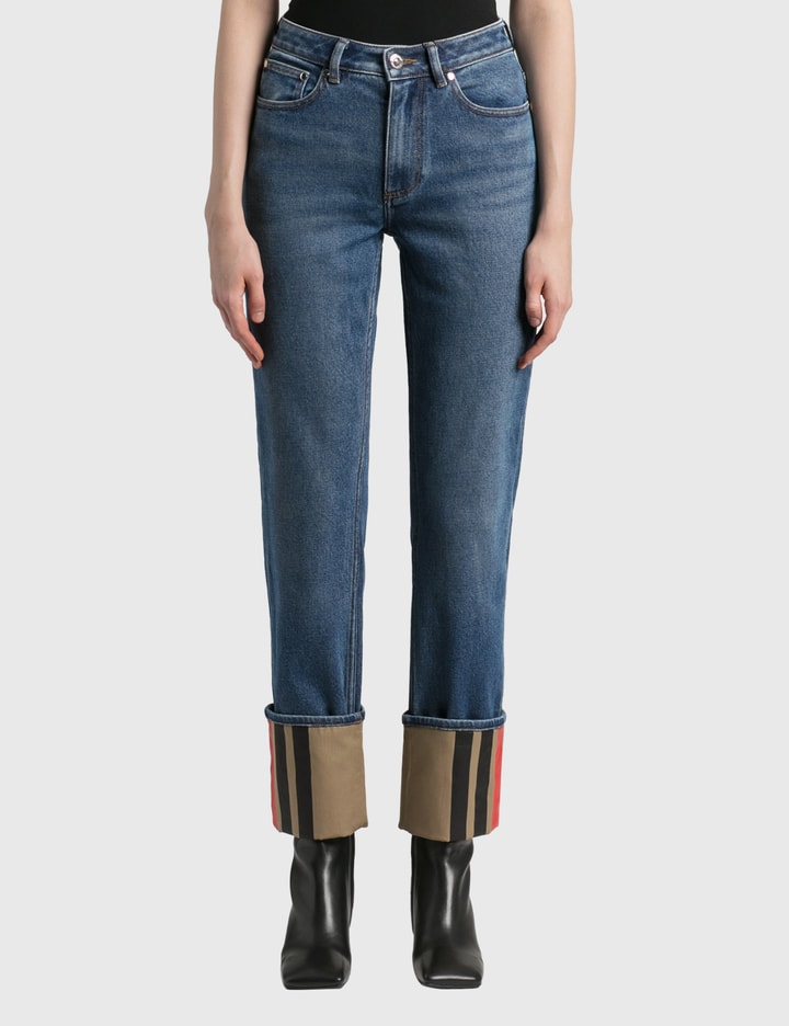 Straight Fit Striped Cuff Washed Jeans Placeholder Image