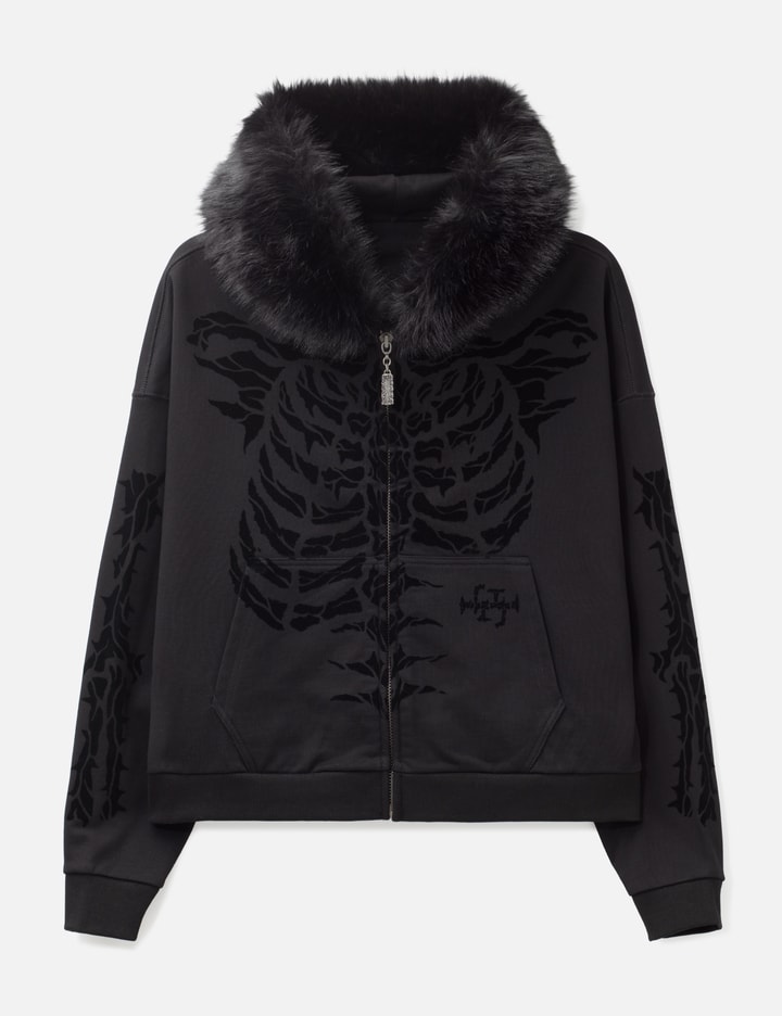 Thought We Friends "Aaron" Black Skeleton Zip-Up Hoodie With Faux Fur Hood