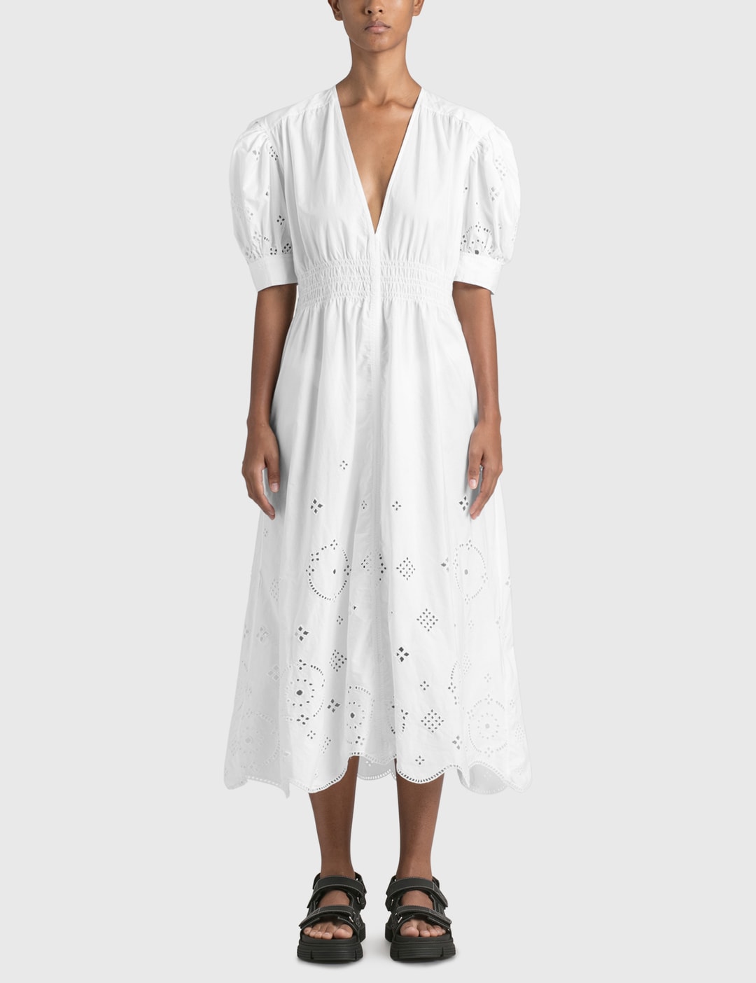 ganni broderie anglaise dress pink GANNI Broderie Anglaise Cotton-Poplin Midi Dress