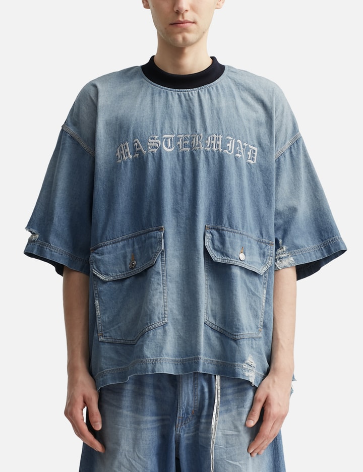 Distressed Short Sleeve Pullover Denim Shirt Placeholder Image