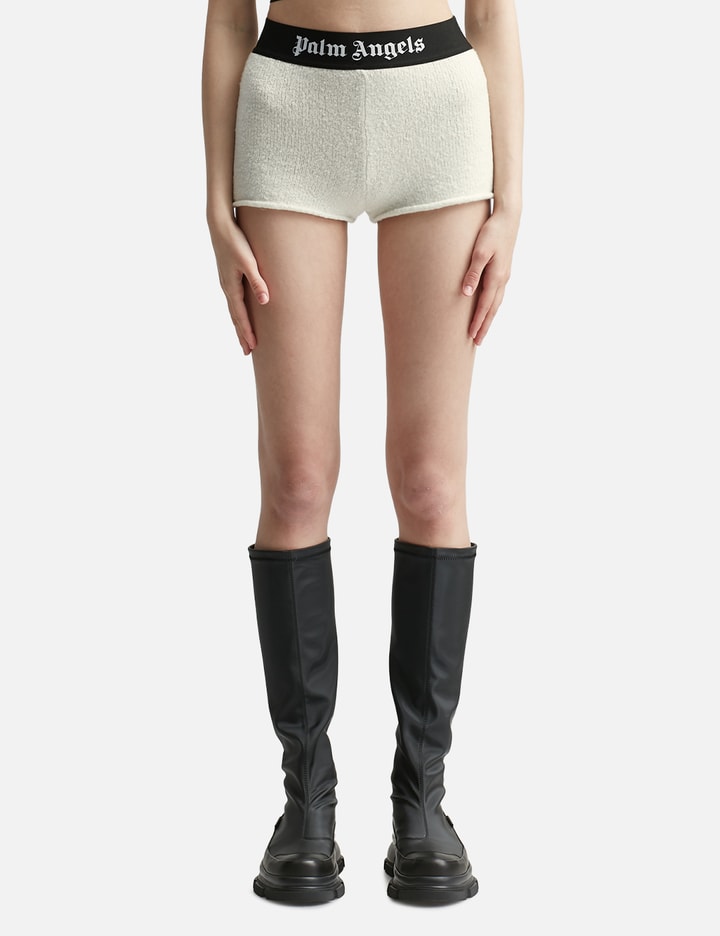 Palm Angels Logo-waistband Bouclé Knitted Shorts In White