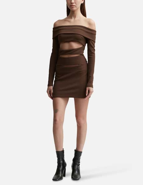brown off shoulder mini dress Glamorous Brown Off-Shoulder Sequin Mini Dress for Holiday Parties and –  Canary Houze main image 1