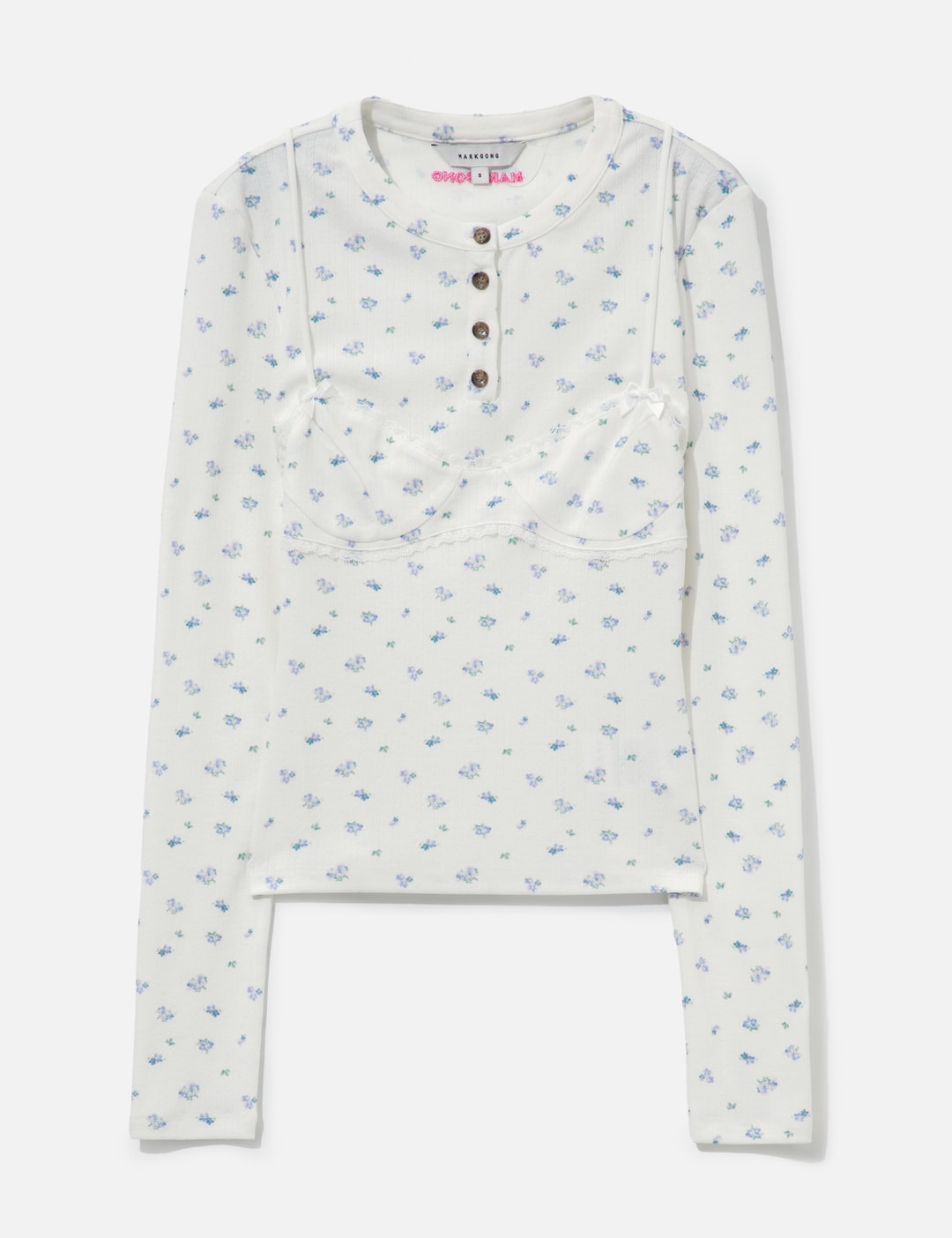 White Floral Print Lace-Trim Bralette Detail Long Sleeve Henley Shirt view 7