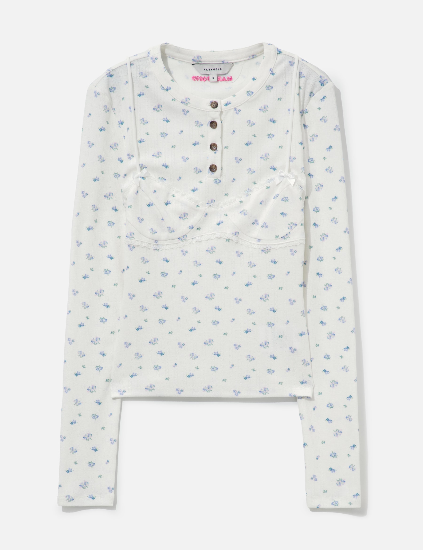 White Floral Print Lace-Trim Bralette Detail Long Sleeve Henley Shirt view 16