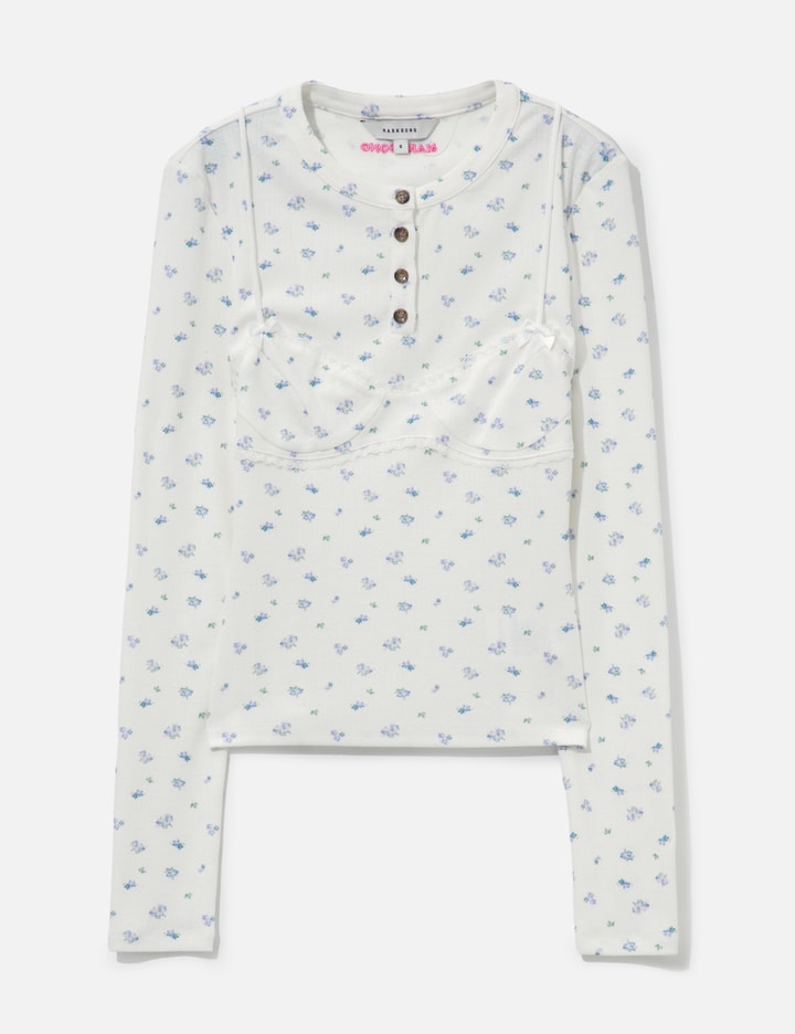 White Floral Print Lace-Trim Bralette Detail Long Sleeve Henley Shirt
