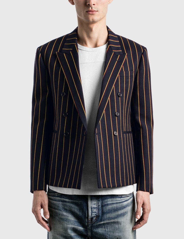 Double Breasted Short Tailored Jacket In Striped Wool Serge Placeholder Image