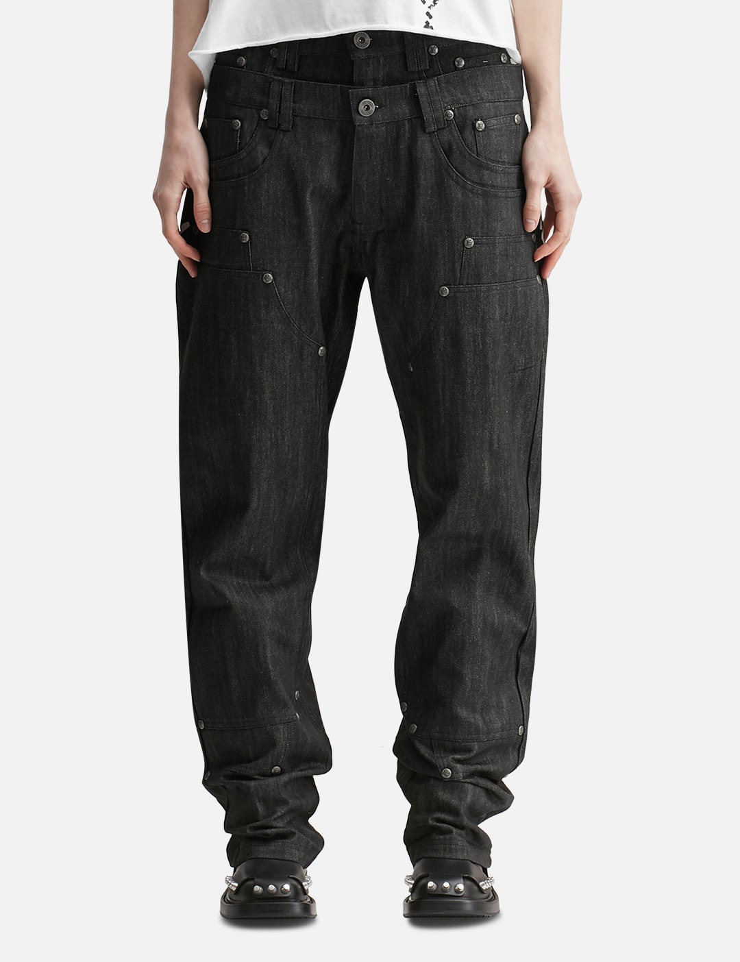 "Gideon" Double-Layered Workpants In Japanese Raw Black Denim view 8