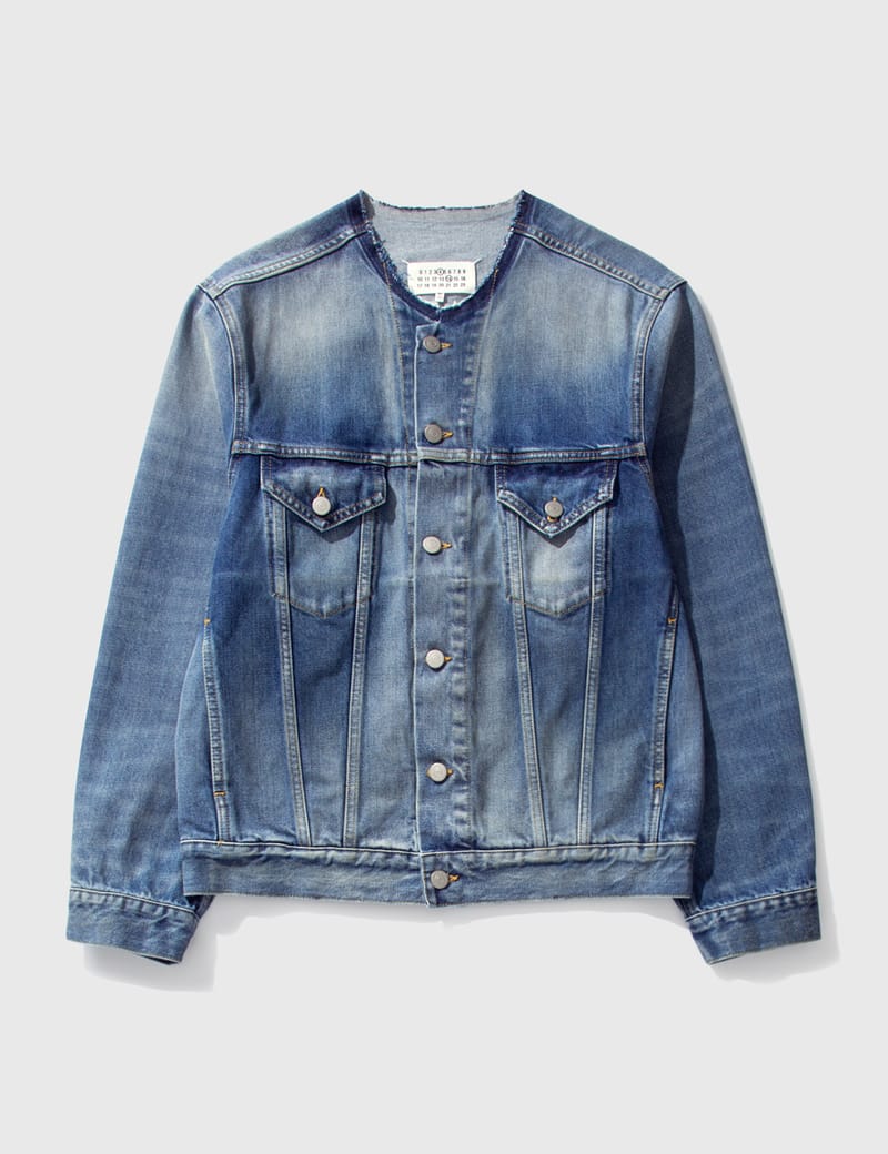 crop collarless denim jacket