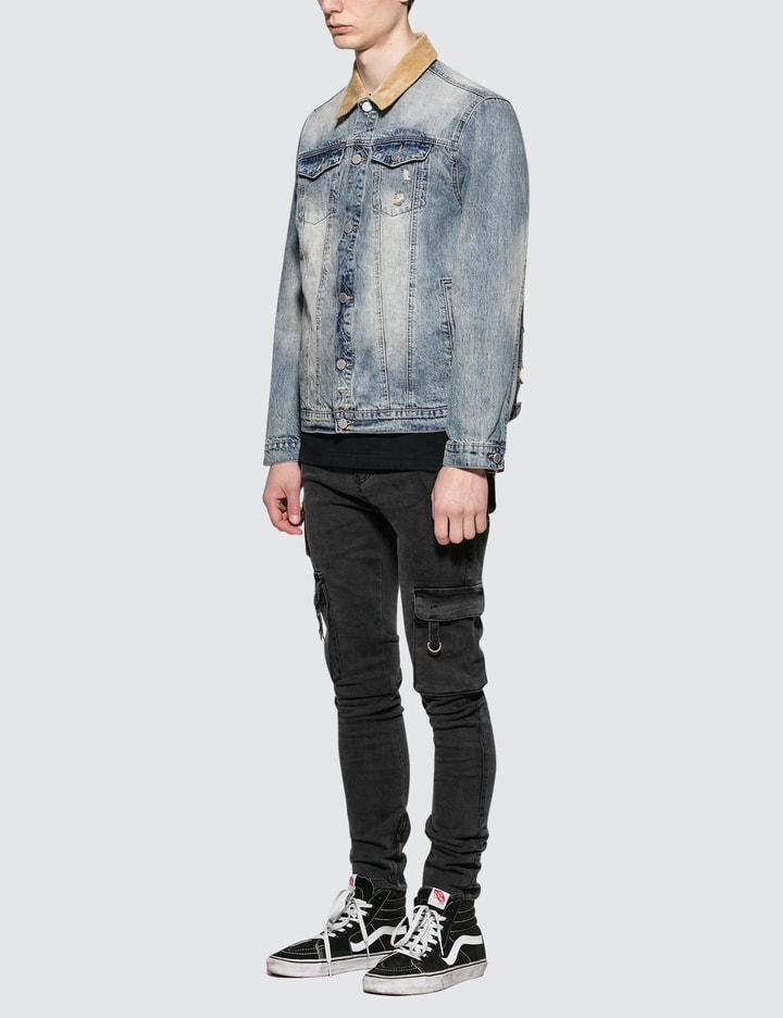 Printed Floral Birds Distressed Denim Jacket with Corduroy Collar Placeholder Image