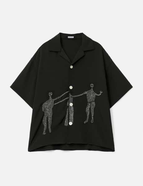 Glass Cypress Black Short Sleeve Dancing Woman Silk Shirt