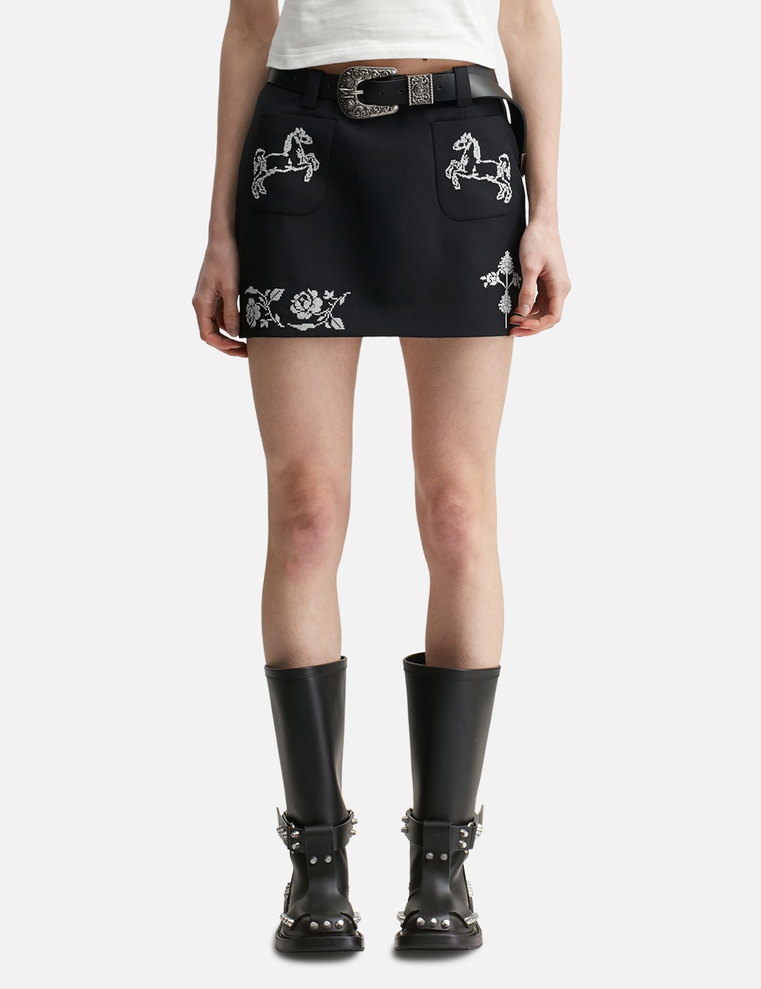 Black Cross Stitch Embroidered Skirt With Detachable Belt view 11