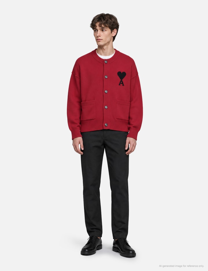 Ami Red Crewneck Wool Cardigan With Ami De Coeur