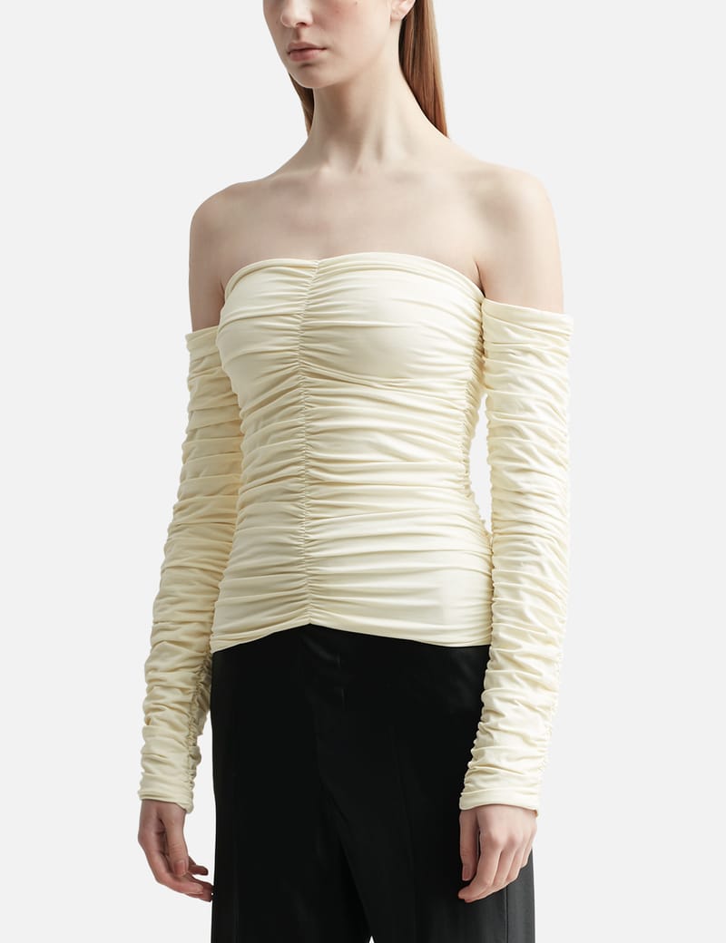 smocked white off the shoulder top